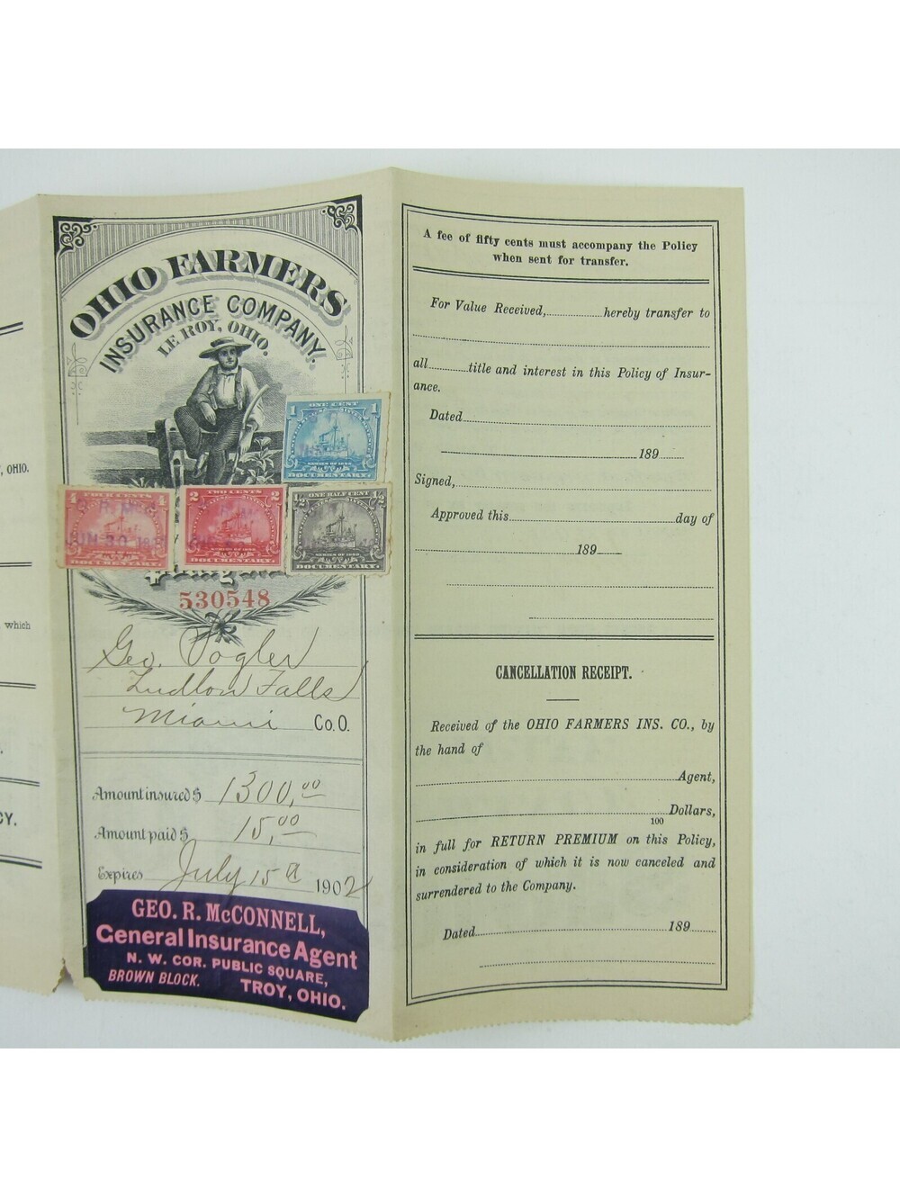 1902 Ohio Farmers Insurance Policy Le Roy Scott R162, R163, R164, R166 Tax Stamp - Picture 6 of 13